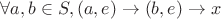 $\forall a,b \in S, (a, e) \rightarrow (b, e) \rightarrow x$