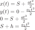 \[
\begin{array}{l}
 x(t) = S + \frac{{at^2 }}{2} \\ 
 y(t) = 0 - \frac{{a_1 t^2 }}{2} \\ 
 0 = S + \frac{{at^2 }}{2} \\ 
 S + h = \frac{{a_1 t^2 }}{2} \\ 
 \end{array}
\]