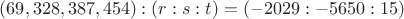$(69, 328, 387, 454): (r:s:t)=(-2029:-5650:15)$