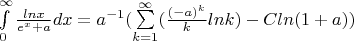 $\int\limits_{0}^{\infty}\frac{lnx}{e^x+a}dx=a^{-1}(\sum\limits_{k=1}^{\infty}(\frac{(-a)^k}{k}lnk)-Cln(1+a))$