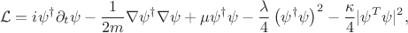 $$\mathcal{L} = i \psi^{\dagger} \partial_t \psi - \frac{1}{2m} \nabla \psi^{\dagger} \nabla \psi + \mu \psi^{\dagger} \psi - \frac{\lambda}{4} \left(\psi^{\dagger} \psi \right)^2 - \frac{\kappa}{4} |\psi^{T} \psi |^2,$$