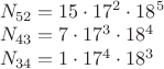 $\\N_{52}=15\cdot 17^2\cdot 18^5\\
N_{43}=7\cdot 17^3 \cdot 18^4\\
N_{34}=1\cdot 17^4\cdot 18^3$
