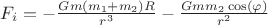 $F_i = -\frac{G m (m_1+m_2)R}{r^3} - \frac{G m m_2 \cos(\varphi)}{r^2}$ $F_i = -\frac{G m (m_1+m_2)R}{r^3} - \frac{G m m_2 \cos(\varphi)}{r^2}$