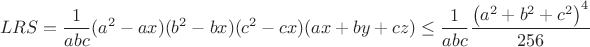 $$LRS= \frac{1}{abc} (a^2-ax)(b^2-bx)(c^2-cx)(ax+by+cz) \leq \frac{1}{abc} \frac{\left(a^2+b^2+c^2\right)^4}{256} $$