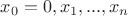 $x_0=0,x_1,...,x_n$