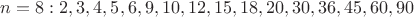 $n=8: 2, 3, 4, 5, 6, 9, 10, 12, 15, 18, 20, 30, 36, 45, 60, 90$