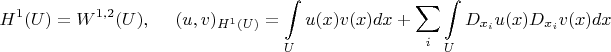 $$H^1(U) = W^{1,2} (U) , \ \ \ \ (u,v)_{{H^1}(U)} = \int\limits_U u(x)v(x) dx + \sum\limits_i \int\limits_U D_{x_i} u(x) D_{x_i} v(x) dx$$