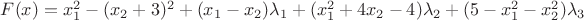 $F(x)=x_1^2-(x_2+3)^2 +(x_1-x_2)\lambda_1 +(x_1^2+4x_2-4)\lambda_2 +(5-x_1^2-x_2^2)\lambda_3$