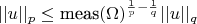 $||u||_p \le \text{meas}(\Omega)^{\frac{1}{p}-\frac{1}{q}}||u||_q$