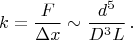 $$
k=\frac{F}{\Delta x}\sim\frac{d^5}{D^3L}\,.
$$