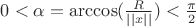 $0<\alpha=\arccos(\frac{R}{||x||}})<\frac{\pi}{2}$