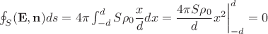 $\left. \oint_S (\mathbf{E}, \mathbf{n}) ds = 4\pi \int_{-d}^d S\rho_0\dfrac{x}{d}dx = \dfrac{4\pi S\rho_0}{d}x^2\right\vert_{-d}^d=0$