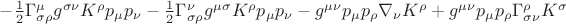 $-\frac 1 2 \Gamma^{\mu}_{\sigma\rho} g^{\sigma\nu} K^\rho p_\mu p_\nu -\frac 1 2 \Gamma^{\nu}_{\sigma\rho} g^{\mu\sigma}  K^\rho p_\mu p_\nu -g^{\mu\nu} p_\mu p_\rho \nabla_\nu K^\rho + g^{\mu\nu} p_\mu p_\rho \Gamma^\rho_{\sigma\nu} K^\sigma$