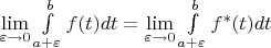 $\lim\limits_{\varepsilon \to 0}\int\limits_{a + \varepsilon}^b f(t)dt=\lim\limits_{\varepsilon \to 0}\int\limits_{a + \varepsilon}^b f^{*}(t)dt$
