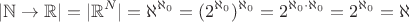 $$|\mathbb{N}\to\mathbb{R}|=|\mathbb{R}^{\matnbb{N}}|=\aleph^{\aleph_0}=(2^{\aleph_0})^{\aleph_0}=2^{\aleph_0\cdot\aleph_0}=2^{\aleph_0}=\aleph$$