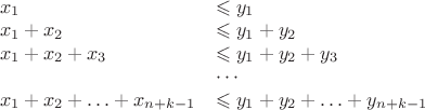 $\begin{array}{ll}
x_1 & \leqslant y_1 \\
x_1+x_2 & \leqslant y_1+y_2 \\
x_1+x_2+x_3 & \leqslant y_1+y_2+y_3 \\
& \cdots \\
x_1+x_2+\ldots+x_{n+k-1} & \leqslant y_1+y_2+\ldots+y_{n+k-1}
\end{array}$