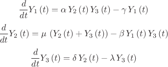 $${\frac {d}{dt}}Y_{{1}} \left( t \right) =\alpha\,Y_{{2}} \left( t
 \right) Y_{{3}} \left( t \right) -\gamma\,Y_{{1}} \left( t \right)$$
$${\frac {d}{dt}}Y_{{2}} \left( t \right) =\mu\, \left( Y_{{2}} \left( t
 \right) +Y_{{3}} \left( t \right)  \right) -\beta\,Y_{{1}} \left( t
 \right) Y_{{3}} \left( t \right)$$
$${\frac {d}{dt}}Y_{{3}} \left( t \right) =\delta\,Y_{{2}} \left( t
 \right) -\lambda\,Y_{{3}} \left( t \right)$$