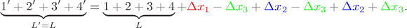 $$
\underbrace{1' + 2' + 3' + 4'}_{L' = L}= \underbrace{1 + 2 + 3 + 4}_{L} + {\color{red} \Delta x_1} - {\color{green} \Delta x_3} + {\color{blue} \Delta x_2} - {\color{green} \Delta x_3} + {\color{blue} \Delta x_2} + {\color{green} \Delta x_3}.
$$