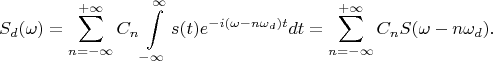 $$S_d(\omega)=\sum\limits_{n=-\infty}^{+\infty}C_n\int\limits_{-\infty}^{\infty}s(t)e^{-i(\omega-n\omega_d) t}dt=\sum\limits_{n=-\infty}^{+\infty}C_nS(\omega-n\omega_d).$$