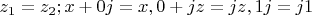 $ z_1= z_2;  x+0j =x, 0+jz = jz,  1j =j1 $