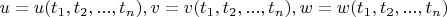 $u=u(t_1,t_2,...,t_n), v=v(t_1,t_2,...,t_n),w=w(t_1,t_2,...,t_n)$