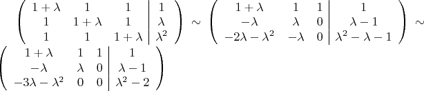 $\left(\begin{array}{ccc|c}
1+\lambda & 1 & 1 & 1\\
1 & 1+\lambda & 1 & \lambda\\
1 & 1 & 1+\lambda & \lambda^{2}
\end{array}\right)\sim\left(\begin{array}{ccc|c}
1+\lambda & 1 & 1 & 1\\
-\lambda & \lambda & 0 & \lambda-1\\
-2\lambda-\lambda^{2} & -\lambda & 0 & \lambda^{2}-\lambda-1
\end{array}\right)\sim\left(\begin{array}{ccc|c}
1+\lambda & 1 & 1 & 1\\
-\lambda & \lambda & 0 & \lambda-1\\
-3\lambda-\lambda^{2} & 0 & 0 & \lambda^{2}-2
\end{array}\right)$