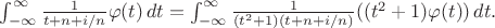 $\int_{-\infty}^{\infty}\frac 1{t + n + i/n}\varphi(t)\,dt = \int_{-\infty}^{\infty}\frac 1{(t^2+1)(t + n + i/n)}((t^2+1)\varphi(t))\,dt.$
