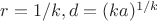 $r=1/k,d=(ka)^{1/k}$