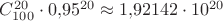 $C_{100}^{20}\cdot 0{,}95^{20}\approx 1{,}92142\cdot 10^{20}$