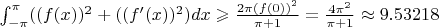 $\int_{-\pi}^{\pi}((f(x))^2+((f'(x))^2)dx\geqslant\frac{2\pi(f(0))^2}{\pi+1}=\frac{4\pi^2}{\pi+1}\approx 9.53218$