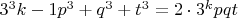 $3^3{k-1}p^3+q^3+t^3=2\cdot{3^k pqt}$