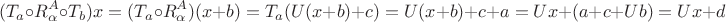 $$(T_a\circ R_\alpha^A\circ T_b) x= (T_a\circ R_\alpha^A) (x+b)= T_a (U(x+b)+c)=U(x+b)+c+a= Ux+ (a+c+Ub)=Ux+d$$
