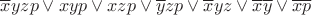 $\overline{x}yzp \vee xyp \vee xzp \vee \overline{y}zp \vee \overline{x}yz \vee \overline{x}\overline{y} \vee \overline{x}\overline{p}$