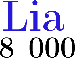 $\tikz[scale=2,transform shape, font=\fontsize{28}\selectfont,black]{
\node at (-.9,0) {\textbf{8}};
\node at (.65,0) {\textbf{000}};
\node at (0,1.1) [scale=1.2,transform shape, font=\fontsize{33}\selectfont,blue!80!brown!100][rotate=0] {\textbf{Lia}}
;}$