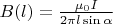 $B(l)=\frac{\mu_0I}{2\pi l\sin{\alpha}}$