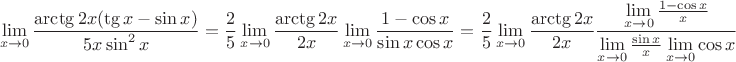 $$\lim\limits_{x\to 0}\frac{\arctg{2x}(\tg x-\sin x)}{5x\sin^2x}=\frac25\lim\limits_{x\to 0}\frac{\arctg 2x}{2x}\lim\limits_{x\to 0}\frac{1-\cos x}{\sin x\cos x}=\frac25\lim\limits_{x\to 0}\frac{\arctg 2x}{2x}\frac{\lim\limits_{x\to 0}\frac{1-\cos x}x}{\lim\limits_{x\to 0}\frac{\sin x}x\lim\limits_{x\to 0}\cos x}$$
