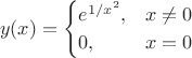 $$
y(x) =
\begin{cases}
e^{1/x^2}, & x \neq 0 \\
0, &x = 0
\end{cases}
$$
