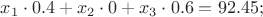 $x_1\cdot0.4 + x_2\cdot0 + x_3\cdot0.6 = 92.45; $