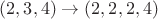 $(2,3,4) \to (2,2,2,4)$