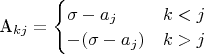 A_{kj} = \begin{cases} 
\sigma - a_j & k < j \\ 
-(\sigma - a_j) & k > j 
\end{cases}