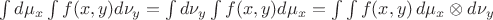 $\int d\mu_x\int f(x,y) d\nu_y=\int d\nu_y\int f(x,y) d\mu_x=\int\int f(x,y)\,d\mu_x\otimes d\nu_y$