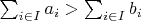 $\sum_{i \in I}{a_i} > \sum_{i \in I}{b_i}$