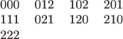 $\begin{tabular}{cccc}
000&012&102&201\\
111&021&120&210\\
222&&&
\end{tabular}$