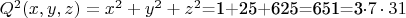 $Q^2(x,y,z)=x^2+y^2+z^2$=1+25+625=651=3\cdot7\cdot31