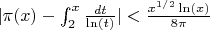 $|\pi(x)-\int_2^x \frac {dt}{\ln(t)}| < \frac {x^{1/2}\ln(x)}{8\pi}$