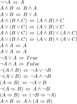 $\begin{array}{l}
\neg \neg A \,\Leftrightarrow\, A \\
A \wedge B \,\Leftrightarrow\, B \wedge A \\
A \vee B \,\Leftrightarrow\, B \vee A \\
A \wedge (B \wedge C) \,\Leftrightarrow\, (A \wedge B) \wedge C \\
A \vee (B \vee C) \,\Leftrightarrow\, (A \vee B) \vee C \\
A \wedge (B \vee C) \,\Leftrightarrow\, (A \wedge B) \vee (A \wedge C) \\
A \vee (B \wedge C) \,\Leftrightarrow\, (A \vee B) \wedge (A \vee C) \\
A \wedge A \,\Leftrightarrow\, A \\
A \vee A \,\Leftrightarrow\, A \\
\neg A \vee A \,\Leftrightarrow\, True \\
\neg A \wedge A \,\Leftrightarrow\, False \\
\neg (A \wedge B) \,\Leftrightarrow\, \neg A \vee \neg B \\
\neg (A \vee B) \,\Leftrightarrow\, \neg A \wedge \neg B \\
(A \Rightarrow B) \,\Leftrightarrow\, \neg A \vee B \\
\neg (A \Rightarrow B) \,\Leftrightarrow\, A \wedge \neg B \\
(A \Rightarrow B) \,\Leftrightarrow\, (\neg B \Rightarrow \neg A) \\
A \wedge B \,\Leftrightarrow\, A \wedge (A \Rightarrow B) 
\end{array}$