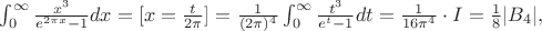 $\int_{0}^{\infty}\frac{x^3}{e^{2\pi x}-1}dx=[x=\frac{t}{2\pi}]=\frac{1}{(2\pi)^4} \int_{0}^{\infty}\frac{t^3}{e^t-1}  dt=\frac{1}{16\pi^4}\cdot I=\frac{1}{8}|B_4|,$