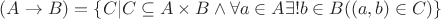 $(A\to B)=\{C|C\subseteq A\times B\wedge \forall a\in A\exists! b\in B((a,b)\in C)\}$