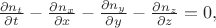 $
\begin{equation*}
\frac{\partial n_t}{\partial t} - \frac{\partial n_x}{\partial x}- \frac{\partial n_y}{\partial y} - \frac{\partial n_z}{\partial z}=0,
\end{equation*}
$