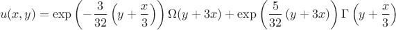 $$
u(x,y)=\exp\left(-\frac{3}{32}\left(y+\frac{x}{3}\right)\right)\Omega(y+3x)+\exp\left(\frac{5}{32}\left(y+3x\right)\right)\Gamma\left(y+\frac{x}{3}\right)
$$